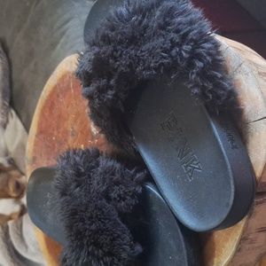 Pink fur flip flops